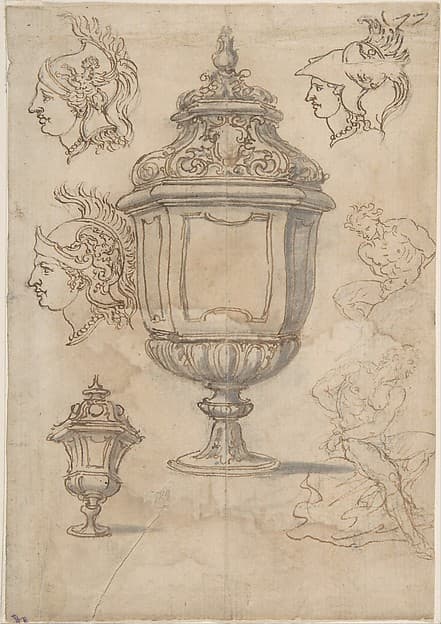 Sheet with sketches and designs for two vases, three classical heads en profil and two slave figures (recto); Design for a Vase and a Nude Male Figure (verso)