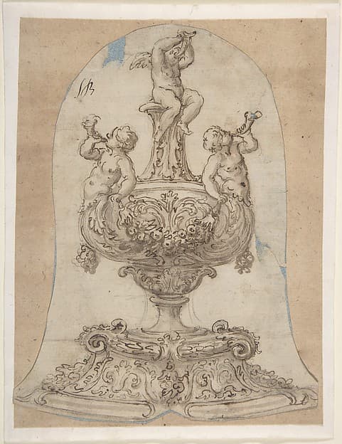 Design for a Vessel with Two Tritons Blowing Horns and a Winged Putto on Top