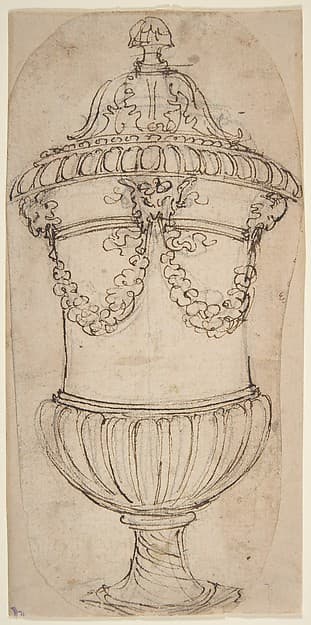 Design for a Lidded Gadrooned Vase with Satyr Heads Holding Garlands