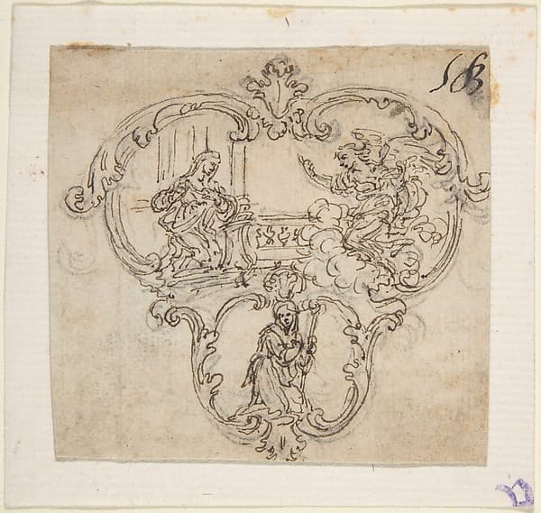 Design for a Cartouche with an Annunication above and a Kneeling Figure with Staff Below.