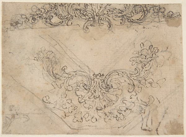 Designs for a Palmette Motif with Tendrils (recto); studies for a Male Figure and Decorative Sculpture (verso)