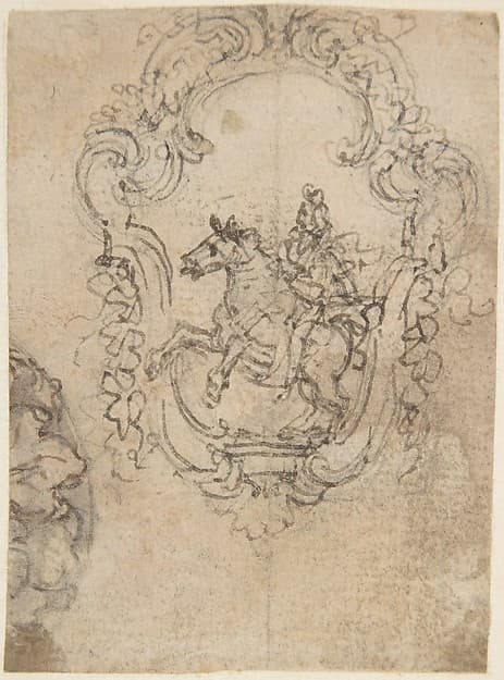 Design for an Equestrian Statue in a Cartouche (recto); Sketches for a Frieze with Sea-Shells and Floral Ornament (verso).