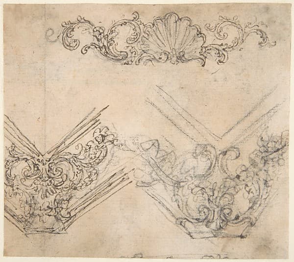 Designs for the Decoration of a Frieze and Corner Motifs (recto); Design for Two Frames Decorated with Volutes, Garlands and the Head of a Putto (verso)