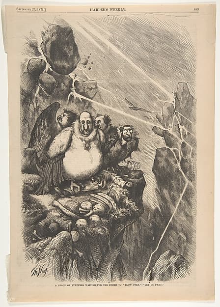 A Group of Vultures Waiting for the Storm to "Blow Over"–"Let Us Prey" (from "Harper's Weekly," vol. 15, p. 889)