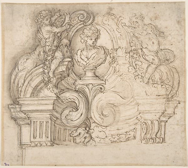 Design for an Overdoor or the Top of a Niche with a Bust and Garland-bearing Putti