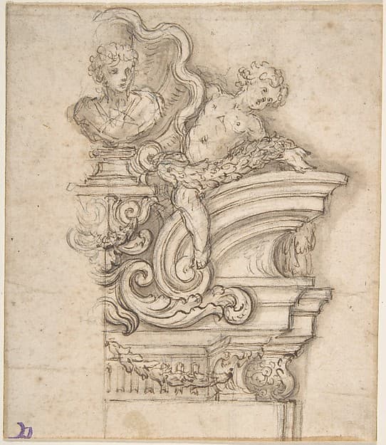 Design for the Right Half of an Overdoor Decoration with a Bust