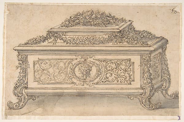 Design for an Casket heavily decorated Foliate Scrolls, Garlands and a Satyr Mask