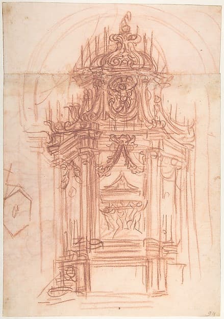 Design for a Catafalque (recto); Female Saint Kneeling on Clouds under an Arch, and a Design for the Pinnacle of the Catafalque (verso)