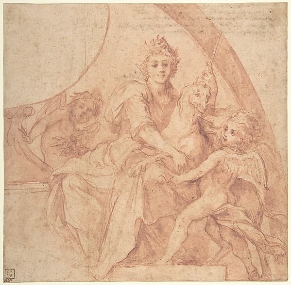 Allegorical Figure of Purity with a Unicorn and Two Putti (recto); Study of the Same Figures (verso)