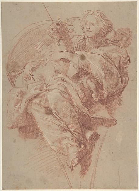 Allegorical Figure of Purity with a Unicorn (recto); Study for Drapery (verso)