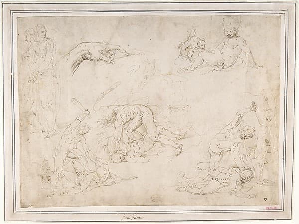 Figure Studies: Three Sketches of Cain Killing Abel, with an Altar of Sacrifice at Center, Two Standing Women, a Hand, and a Seated Child with a Squirrel
