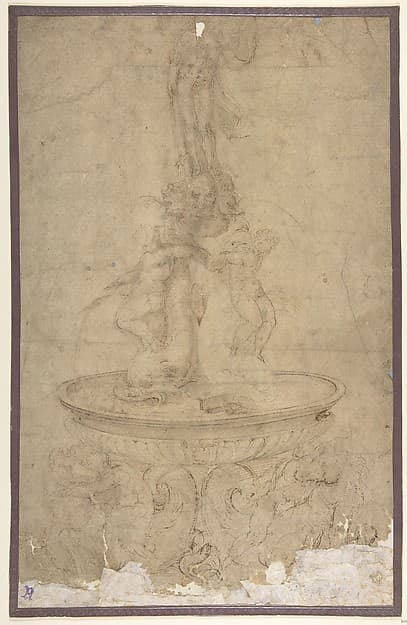 Design for a Fountain with Sea Horses and Triton Base, Basin, Dolphins and Tritons, Three Grotesque heads and Neptune