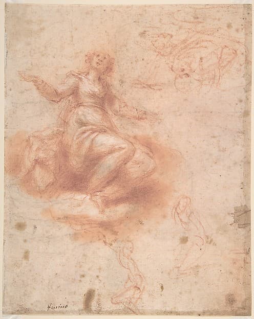 Young Woman on a Cloud with Three Figures (recto); Studies of an Old Man and a Hand (verso)