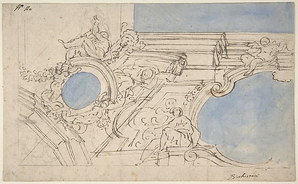 A Foreshortened View of a Ceiling Corner Decorated with Statues, Putti and Garlands