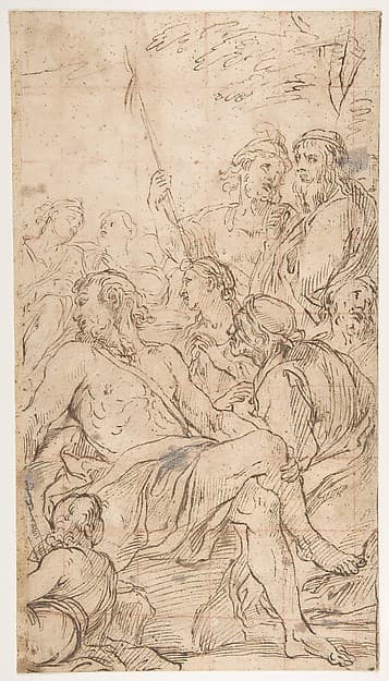 Fragment of a Composition with a Reclining Semi-Nude Man Surrounded by Soldiers and Other Onlookers in a Landscape