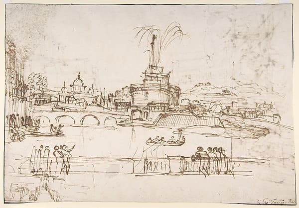 Figures Watching a Display of Fireworks at Castel Sant'Angelo, Rome (recto); A Distant View of the Fireworks Seen from a Villa Garden (verso)