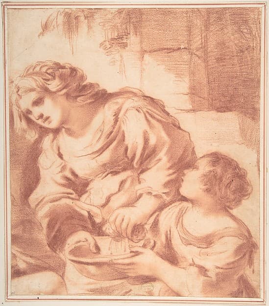 Woman Soaking a Cloth in a Bowl Held by a Girl (copy from Guercino's Saint Sebastian Tended by Irene)