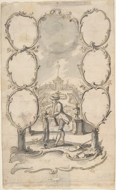 Ornamental family tree with man planting a tree and garden beyond