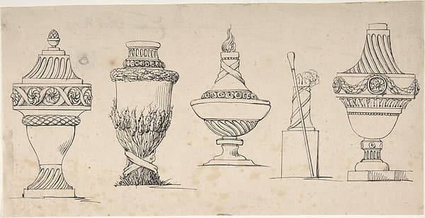 Studies for four urns with a walking stick and hat