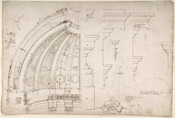 St. Peter's, dome and drum, interior section and elevation, and labeled details (recto); St. Peter's, moulding profiles, details (verso)