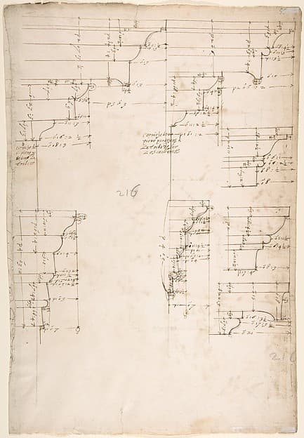 St. Peter's, tribune, exterior, entablature and cornice details (recto)Santa Maria Maggiore, Sforza Chapel, plan, detail (verso)