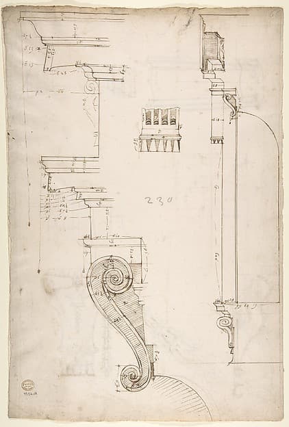 St Peter's apse, exterior niche section and details (recto) St Peter's apse, exterior niche elevation and profiles of details (verso)