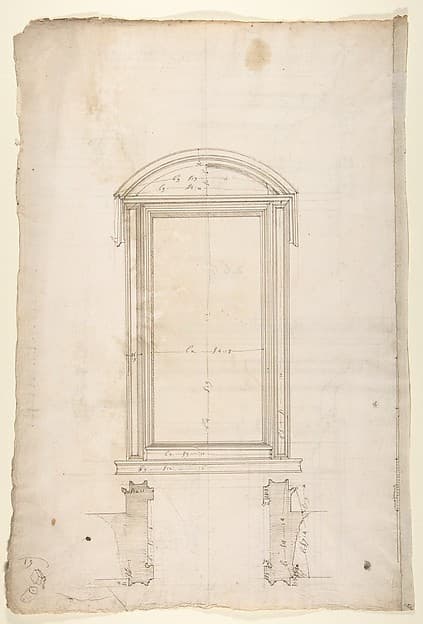 San Lorenzo, Library, Ricetto, portal to Ricetto, elevation; plan (recto) San Lorenzo, Library, Ricetto, portal from cloister, details (verso)