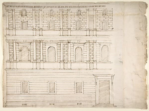 Palazzo Giroud Torlioni, elevation, cornice details (recto) Calculation table (verso)