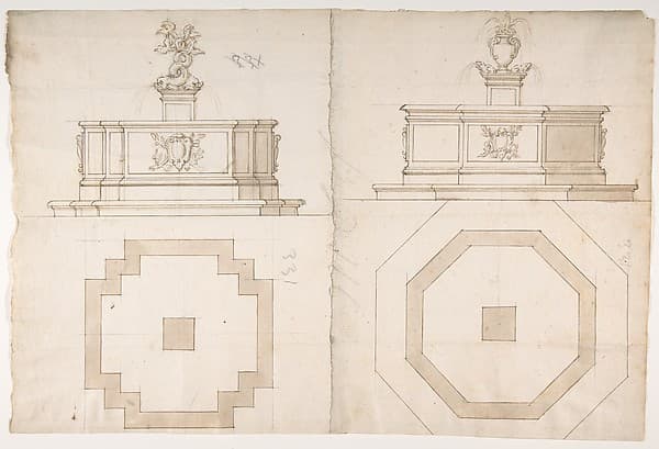 Two Plans and Elevations for Fountains