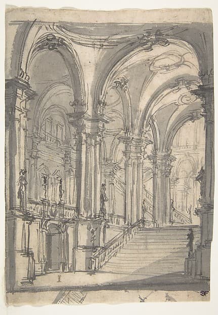 Design for a Stage Sets Groin-vaulted Stairway Leading to a Gallery with Another Stairway to a Second Story at Left (recto); Slight Sketch Traced Through form the Recto and Reworked (verso).