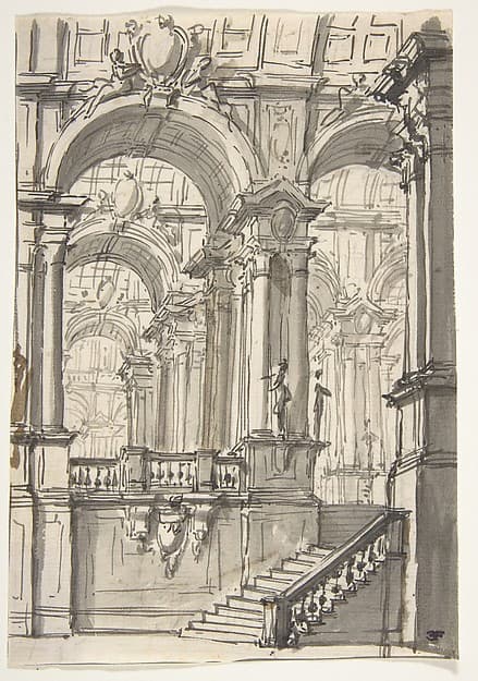 Design for a Stage Sets: Anteroom with Stairs Leading to a Gallery Composed of a Series of Connected Barrel Vaults