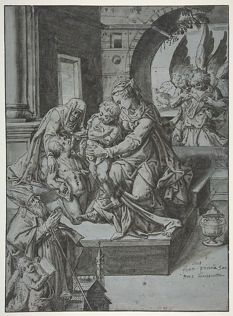 The Virgin and Child with the Infant Baptist, Saint Elizabeth, a Kneeling Prelate, and Three Attendant Angels