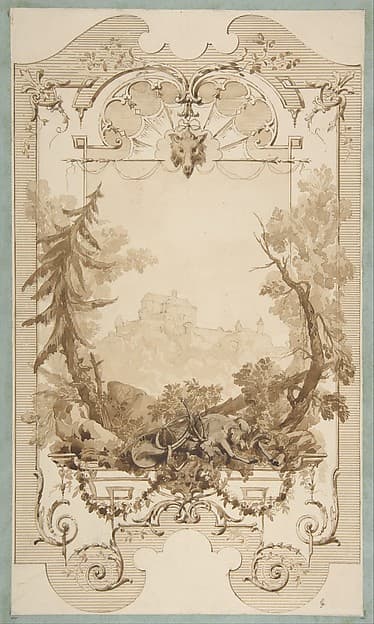 Design for a Decorative Wall Panel with Hunting Motif, Pless Chateau, Silesia
