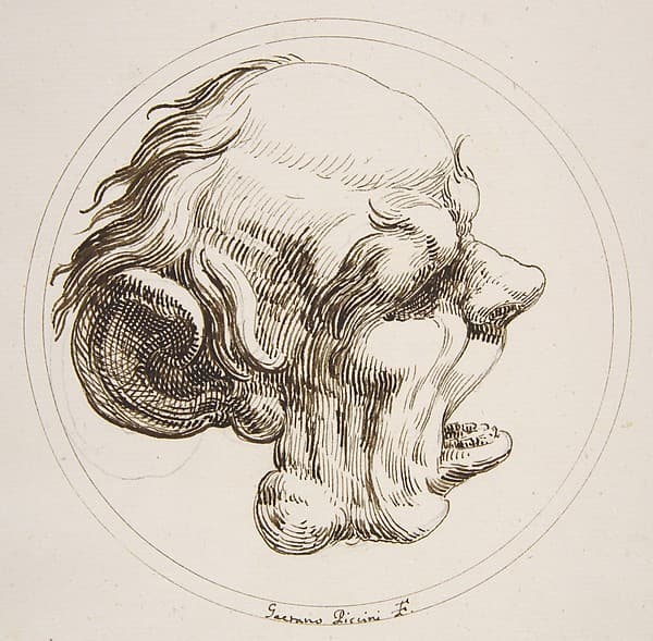 Grotesque Head With a Large Ear and an Open Mouth Looking to the Right Within a Circle