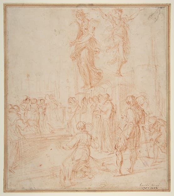 Figure Studies: Woman holding a Shield, a Dancing Female, and a Priest Supported at an Altar before a Group of Onlookers