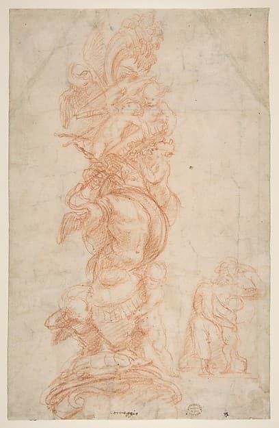 Design for the Decoration of a Pilaster (recto); Putti with Trophies and Seated Figure with Child (verso)