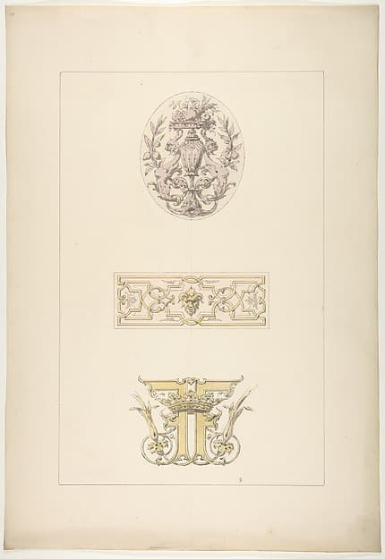 Two designs for decorative panels and one design for an ornamental monogram with a crown and the initials: FF
