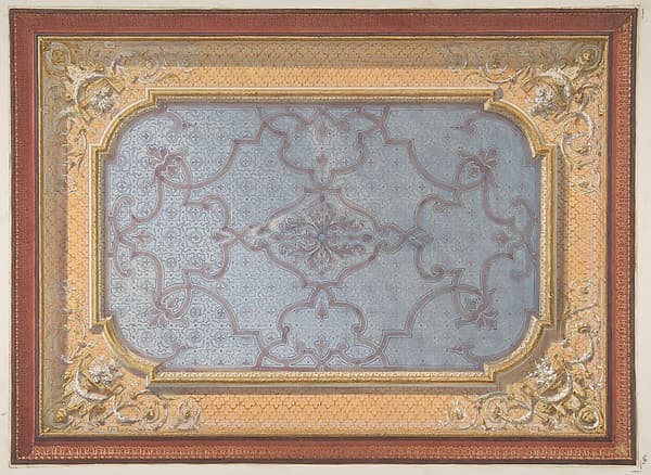 Design for the decoration of a ceiling with urns, swags, and portrait medallions in the four corners