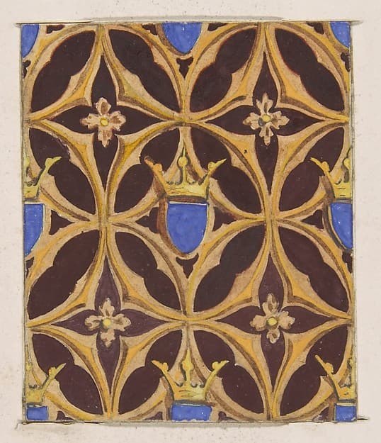 Design for wallpaper featuring blue shields surmouted by crowns