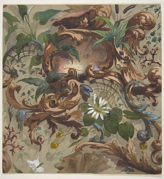 Design for wallpaper featuring shells, waterlilies, and cattails