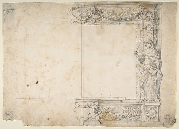 One Half of a Design for a Frame of a Stage Proscenium, with a Figure of Justice at the Right, and the Barberini Arms in a Cartouche at the Top