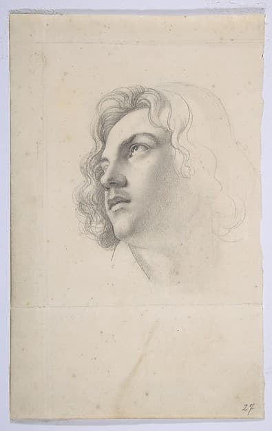 Portrait of Alfred Rethel, looking up; verso: Studies of two heads