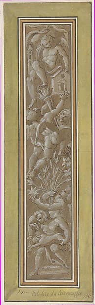 Two Pilaster with White Putti on Tan Ground
