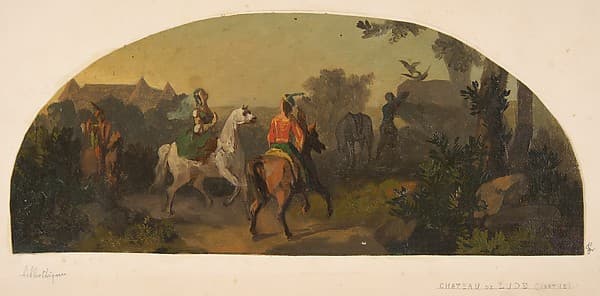 Mural design picturing riders in a landscape for a lunette in the library of the Chateau de Lude (Sarthe)