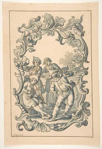 Three Musicians and Harlequin in an Ornamental Frame