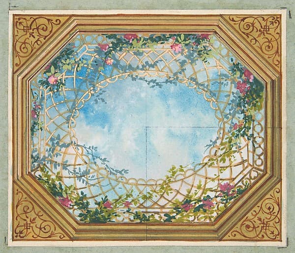 Design for a ceiling painted with clouds, trellises, and roses