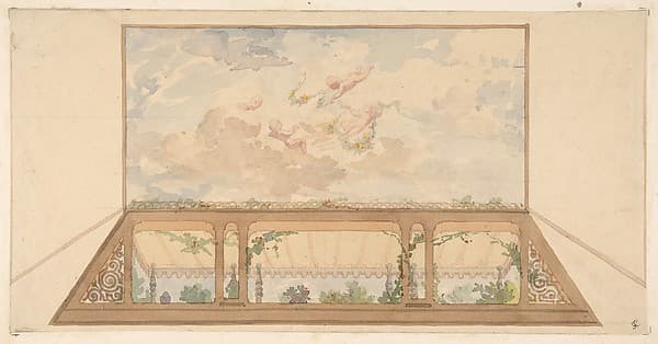 Design for a ceiling painted with a trompe l'oeil awning and putti in clouds