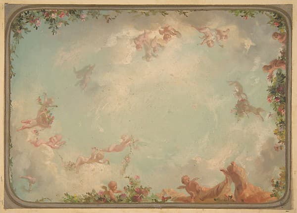 Design for a ceiling painted with putti in clouds with roses