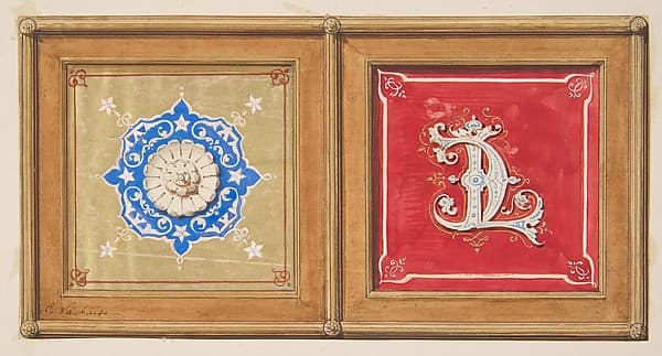 Two alternative designs for the painted decoration of a panel (one with the intertwined initials CL)