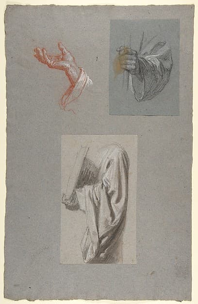 a. Hand of Saint Remi; b. Hand of Saint Remi; c. Drapery Study for Acolyte Holding Book (middle register); (studies for wall paintings in the Chapel of Saint Remi, Sainte-Clotilde, Paris, 1858)